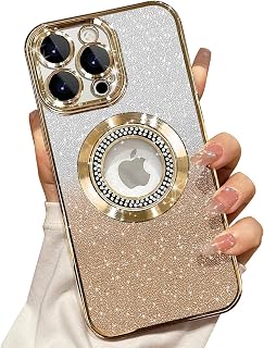 Misscase for iPhone 13 Pro Max Magnetic Glitter Case Compatible with MagSafe,Full Protection Slim Shockproof Anti-Scratch Case with Camera Lens Protector Logo View Dust-Proof Net for Women Gold