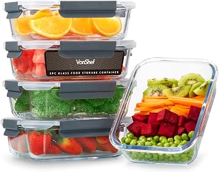 VonShef Meal Prep Glass Containers with Lids, 5 Piece 1000ml Capacity