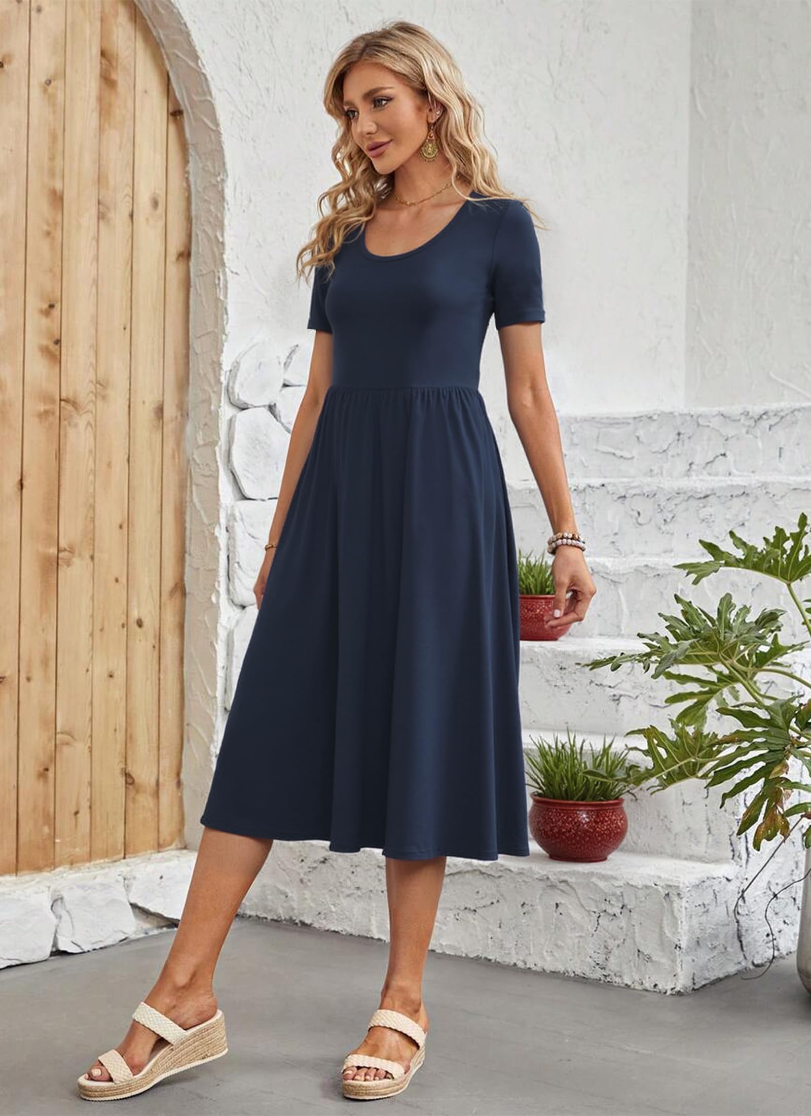Women's Summer Dress Short Sleeve Round Neck Pleated Casual Dress with Pockets