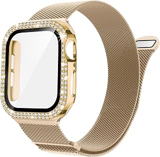 Stainless Steel Mesh Band with Bling Case Compatible with Apple Watch 40mm 41mm 42mm 44mm 45mm 46mm Compatible with Series 11/10/9/8/7/6/5/4 SE Ultra Stylish