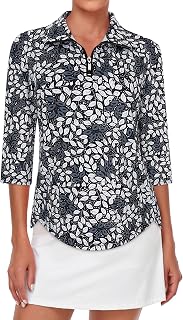 Tanst Sky Womens Golf Polo Shirts Zipper 3/4 Sleeve Moisture Wicking Tops UPF 50+ Workout Tennis Apparel