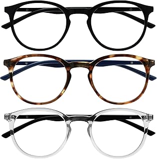 OPULIZE Met BBB60-12C +2.50 Anti-Blue Light Reading Glasses Pack of 3 Round Thin Spring Hinges Improves Sleep Games Computer Black Brown Transparent Men Women