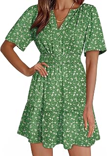 Dokotoo Womens Summer Dresses 2026 Boho Floral Short Sleeve V Neck Smocked Waist Casual A-Line Swing Mini Dress Sundress