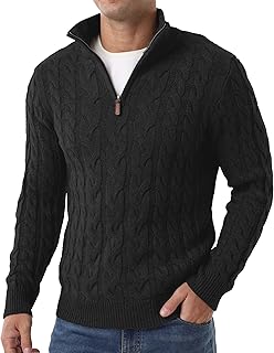 Askdeer Men's Quarter Zip Sweater Cable Knit Mock Neck Pullover Sweaters Classic Casual Polo Sweater