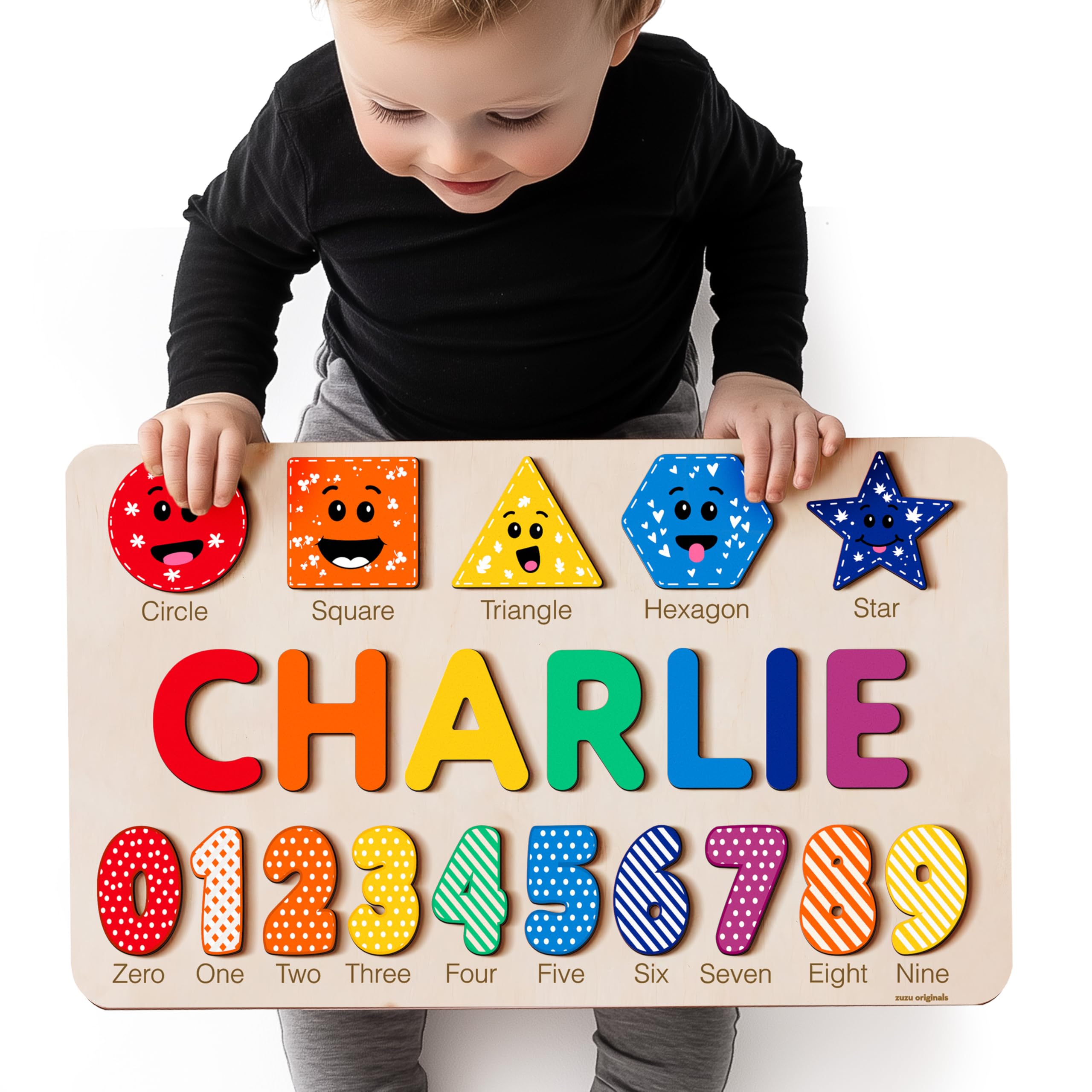Zuzu Wooden Personalized Puzzle with Name, Numbers, Shapes | First Birthday Gift
