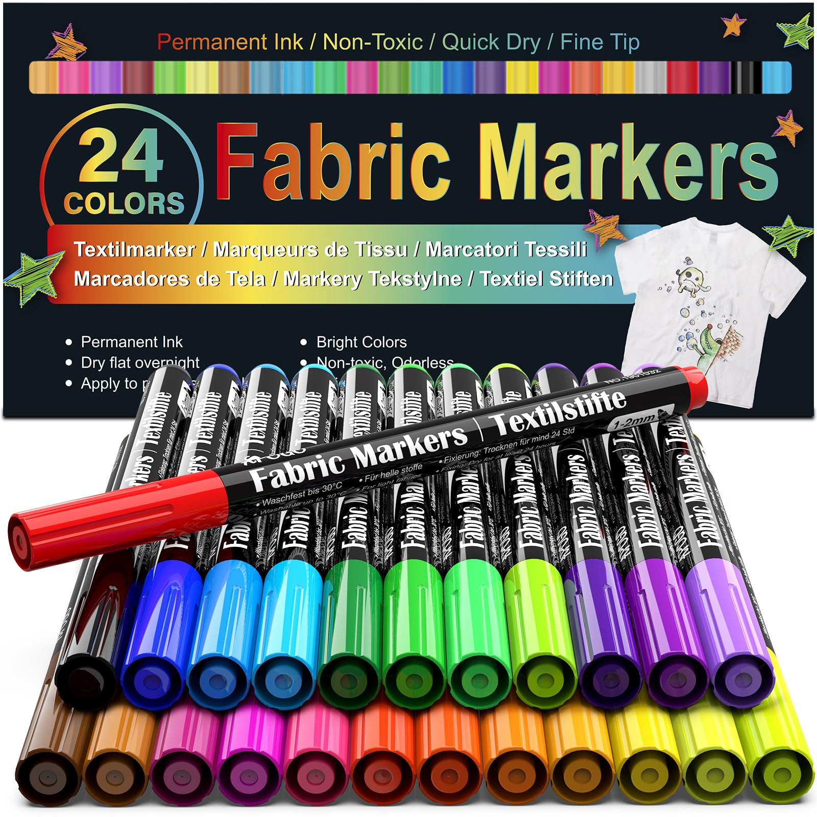 Fabric Markers Permanent For Clothes, 24 Colors Fabric Paint Pens -Waterproof & 