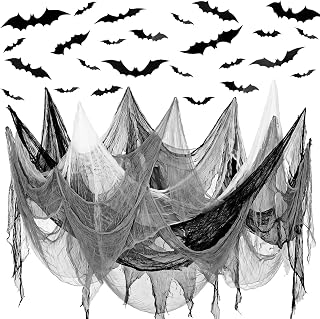 Vincreem Halloween Creepy Cloth 100 Pcs 3D Bat Sticker, Black,White,Grey | 394x79'' Large Gauze Fabric for Haunted House Yard Lawn Outdoor, Party Patio Stair Drape, Spooky Cheesecloth Decor Supplies