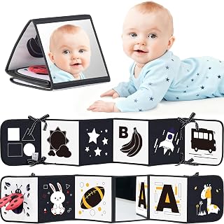 Infinno High Contrast Baby Book, Black and White, Tummy Time Mirror Toy | Newborn visual stimulation 0-6 months, Montessori sensory play, soft crinkle pages, folds flat, ties to crib and stroller