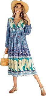 R.Vivimos Elegant Casual Women Bohemian Dress Long Printed Tie Long Sleeve Midi Dress Beach Holiday Dress