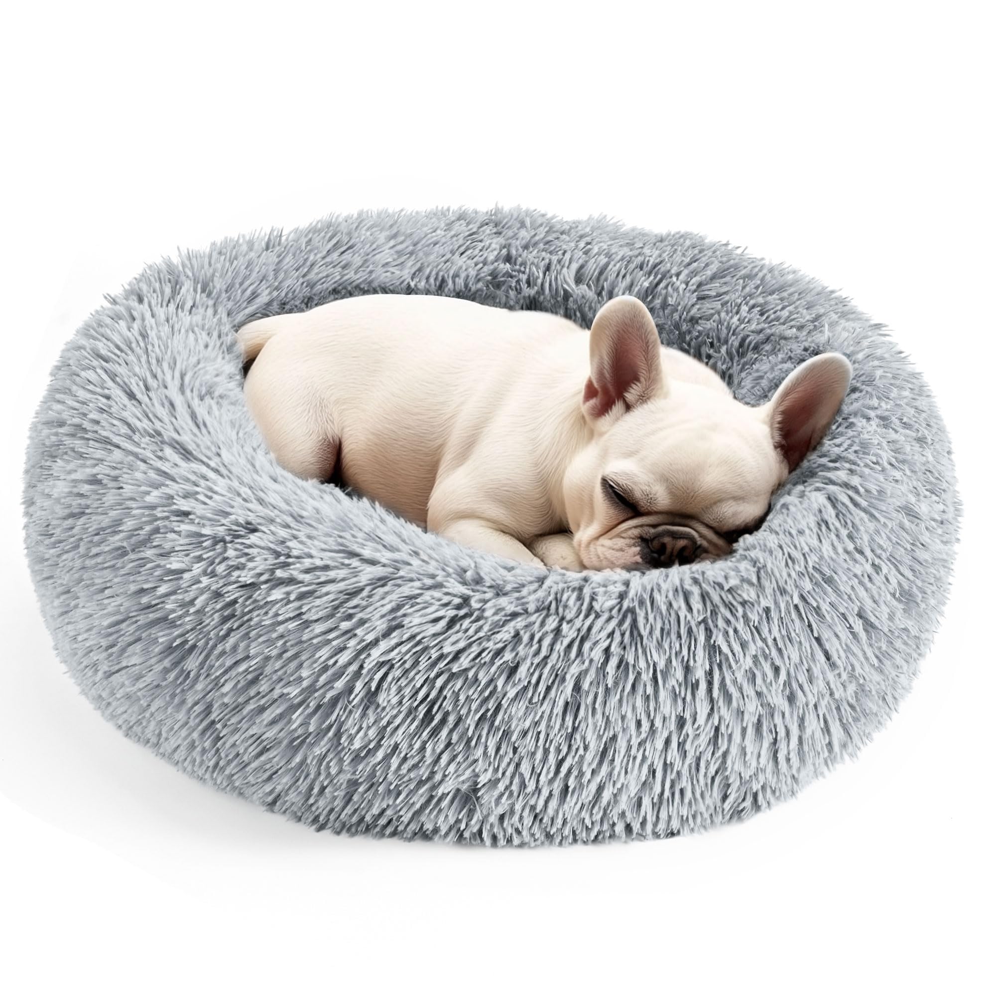 Hoewina Dog & Cat Bed for Indoor Cats, 20in Calming Donut Bed (Light Grey) | Cal