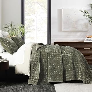 Grassix Velvet Quilt Set Queen Size, Luxury Geometric Design, Olive Green