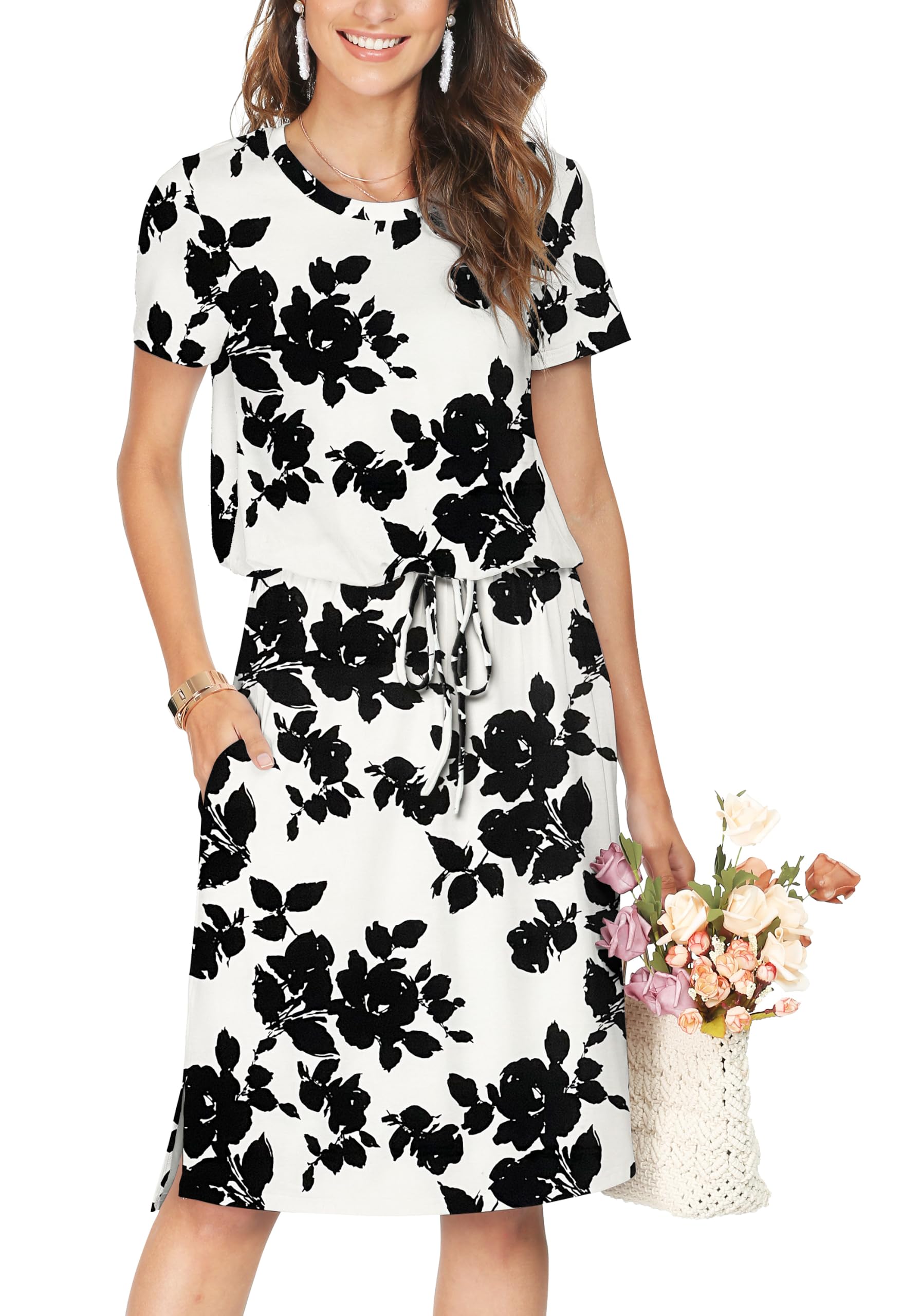Simier Fariry Womens Summer Hide Belly Knee Length Travel Dress Pocket Short Sle