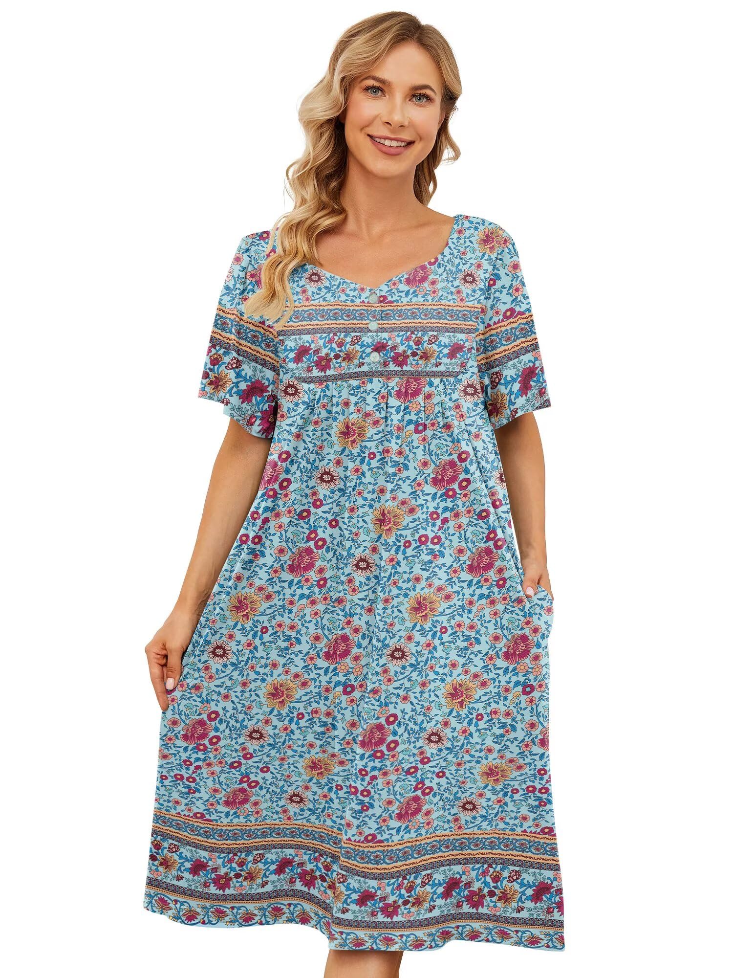 House Dresses for Women with Pockets Short Sleeve Moo Moo Nightgown