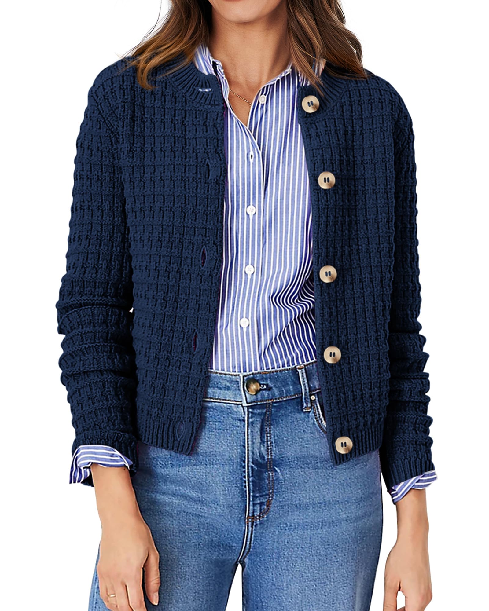 PRETTYGARDEN Women Cardigan Knitted Sweaters Casual Long Sleeve Open Front Butto