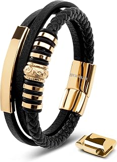 SERASAR Men's Black Cowhide Leather Bracelet, Braided, Magnetic Steel Clasp