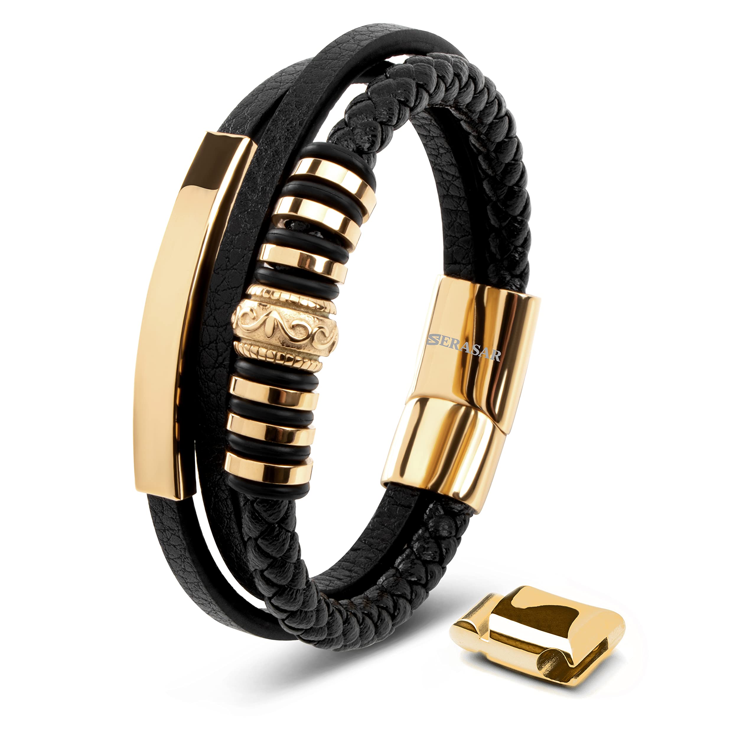 SERASAR Men's Black Cowhide Leather Bracelet, Braided, Magnetic Steel Clasp