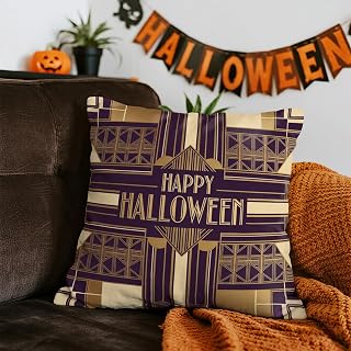 1 x Halloween Purple Gold Geometric Print Happy Halloween Cushion Cover Home Outdoor Decor for Sofa Couch 18 x 18 Inch