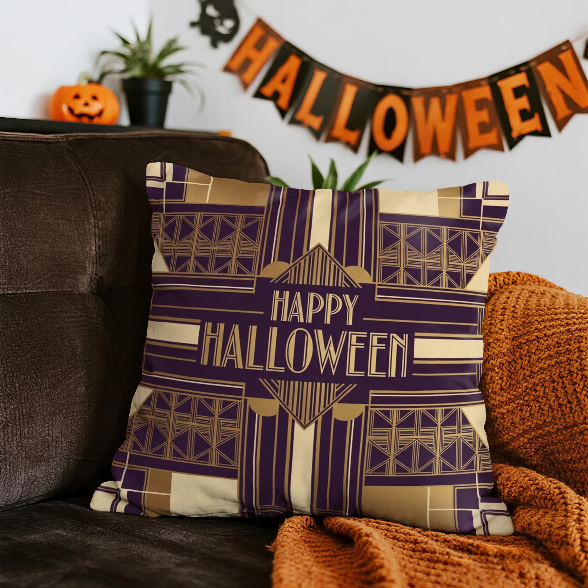 1 x Halloween Purple Gold Geometric Print Happy Halloween Cushion Cover Home Out