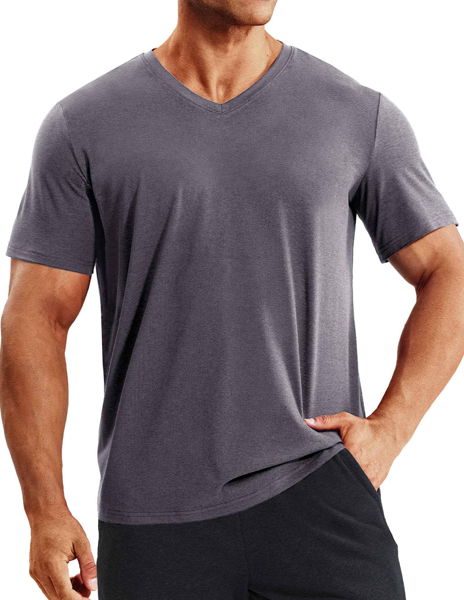 MIER Mens V-Neck T-Shirt Dry Fit Soft Short Sleeve Breathable Running Athletic G