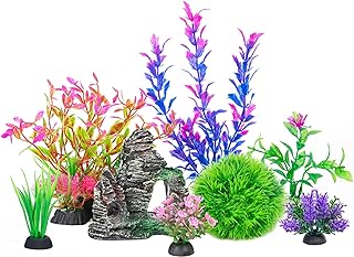 Ameliade Aquarium Artificial Plants & Rock Cave Betta Fish Tank Decor Set | Betta Goldfish Aquarium Accessories, Soft Plastic Plants & Rock Cave Decorations, Small and Large Fish Bowl Ornaments