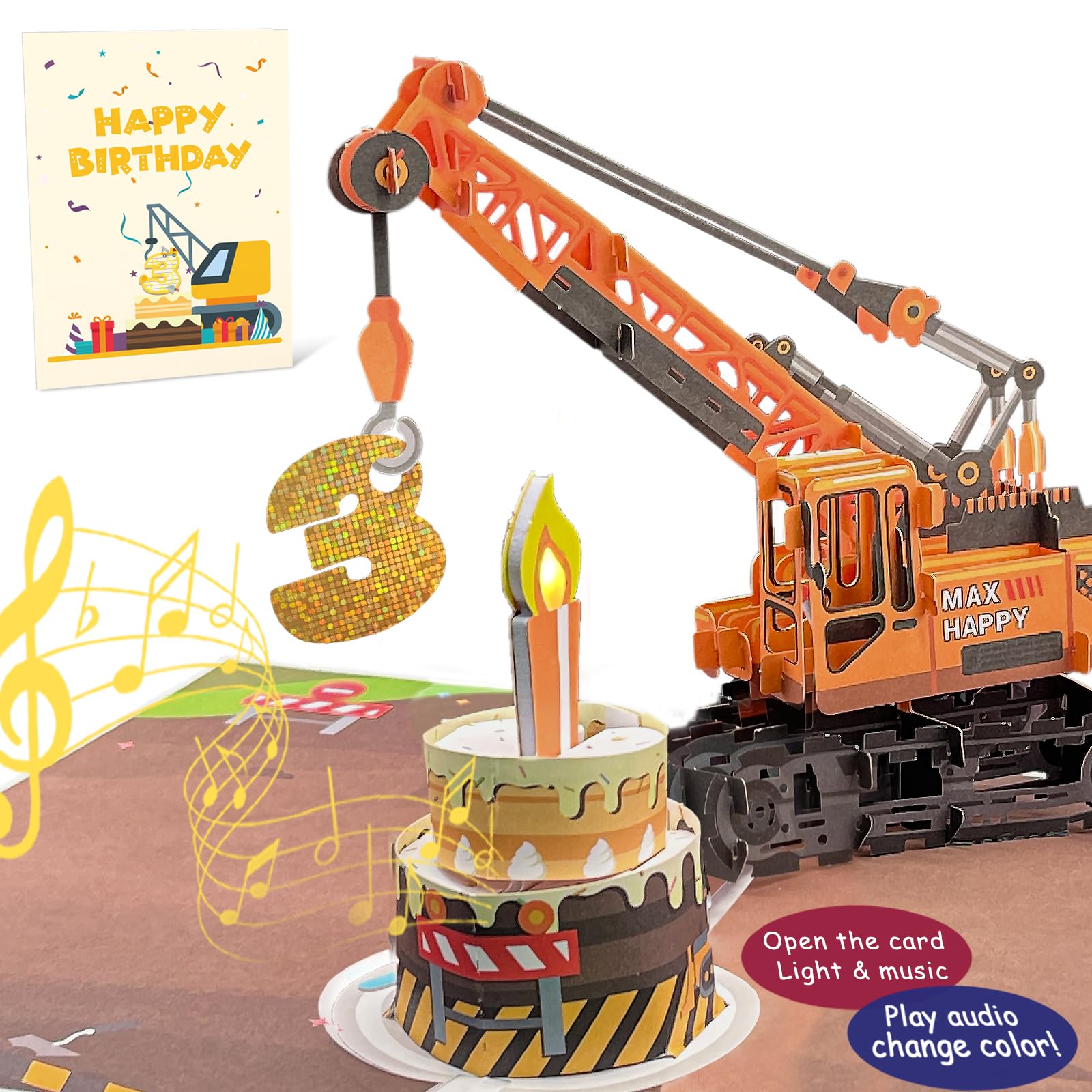 3D Greeting Pop Up 3rd Birthday Card with light and music, Crane Truck card For 