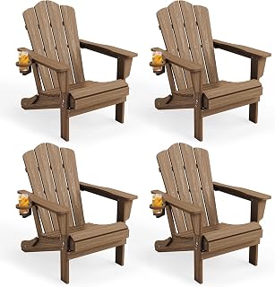 KINGYES Folding Adirondack Chair Set of 4 with Cup Holder, Brown | HDPE All-Weather Patio Chairs, Wooden Textured Lawn Chair for Poolside, Backyard, Deck, Fire Pit