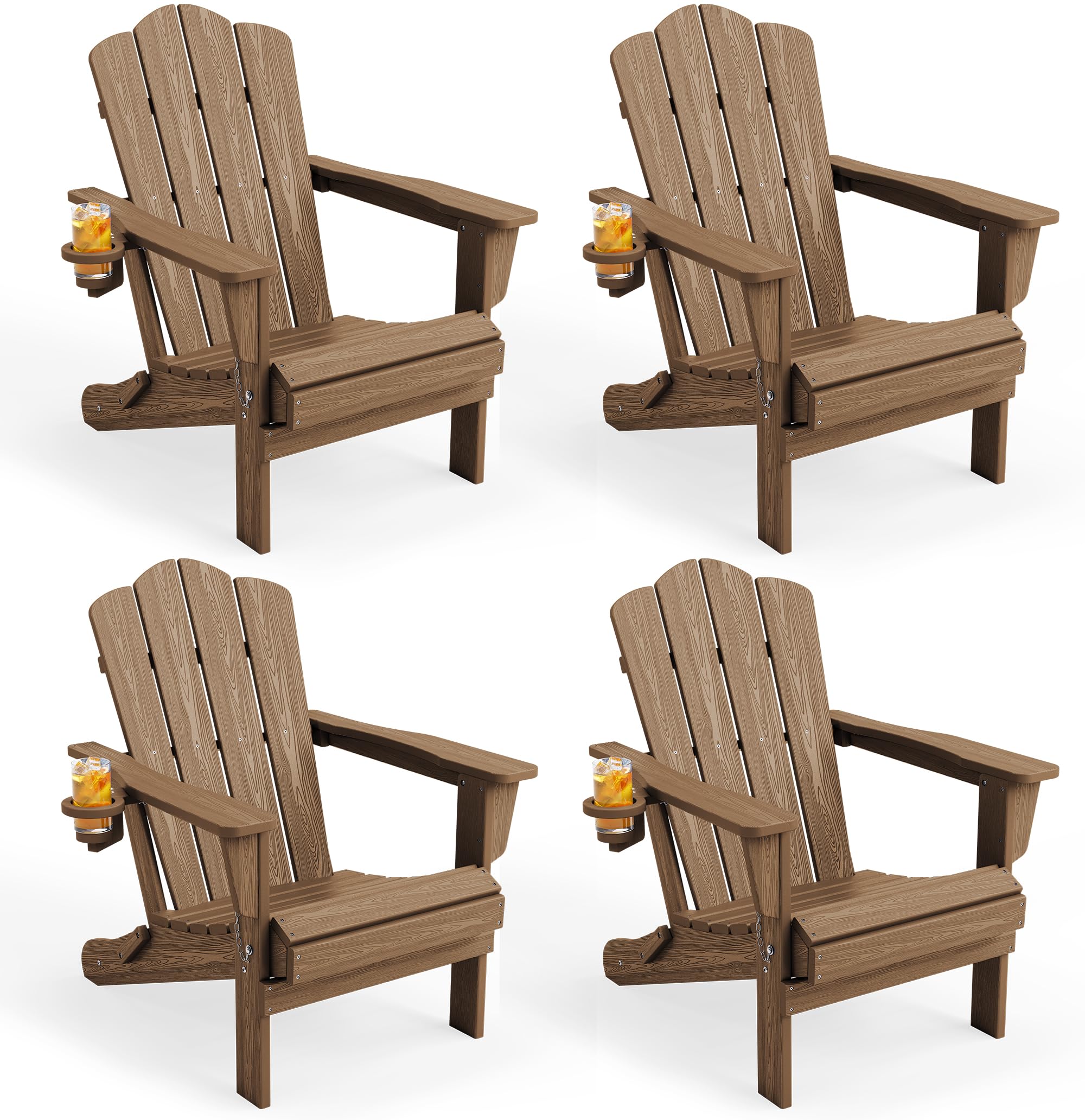 KINGYES Folding Adirondack Chair Set of 4 with Cup Holder, Brown | HDPE All-Weat