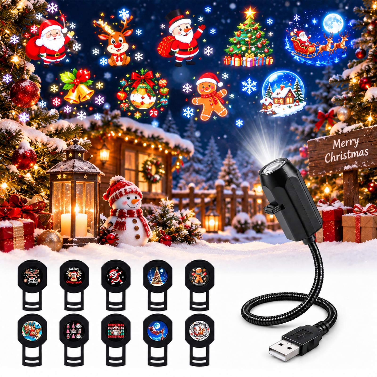 10 Pack Plug and Play HD Christmas Projector, 10 Festive Scenes, 360° Flexible N