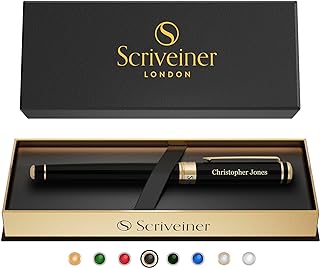 Scriveiner Personalised Black Rollerball Pen - Stunning Luxury Pen, Jet Black Lacquer Real Gold Plating, Schmidt Ink Refill, Best Engraved Roller Ball Gift Set for Men & Women, Custom Name Engraving