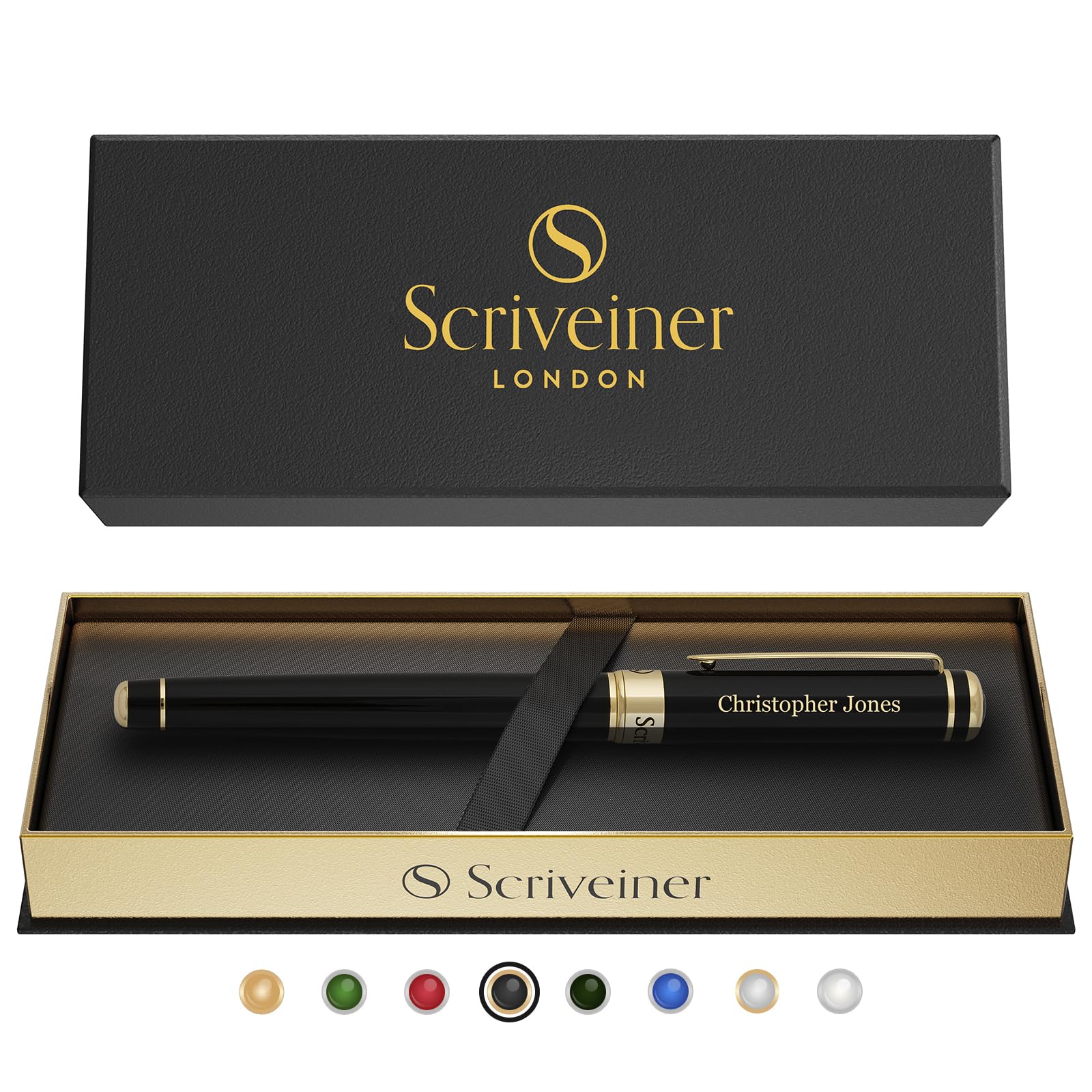 Scriveiner Personalised Black Rollerball Pen - Stunning Luxury Pen, Jet Black La