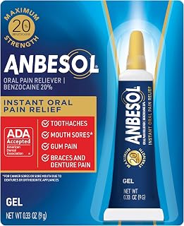 Anbesol Maximum Strength Gel Oral Pain Reliever, 0.33 oz | Instant oral pain relief from toothaches, gum pain and braces pain, canker sore treatment, 20% benzocaine, ADA accepted