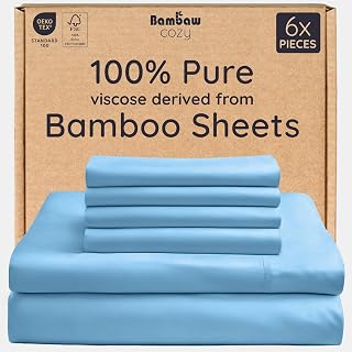 Bambaw 100% Viscose Derived from Bamboo Sheets King Size – 6pcs King Cooling Sheet Set, Luxury Sheets King Size Deep Pocket, Fits Up to 16'' Mattresses, Super Soft (Dream Blue)