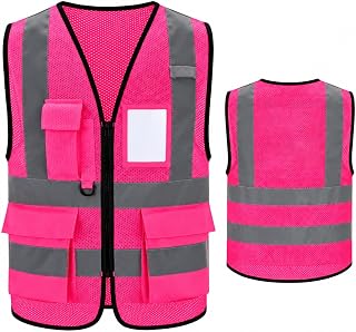 High Vis Safety Vest Reflective Strips, Multi-Pocket Design, Available in Yellow,Orange,black,Pink,blue,Red,purple