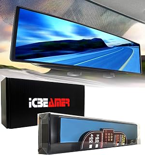 15.8" ICBEAMER Clip On Rear View Mirror | Flat Blue Tint Glass, Panoramic Wide Angle HD Glass, Anti Glare, Universal Fit for Car, SUV, Truck | Eliminates Blind Spots (1 Pack)