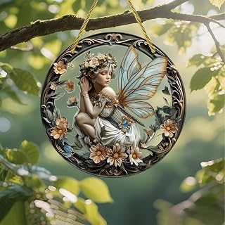 Colorful Acrylic Suncatcher Fairy Among Flowers 7 Inch Wall Hanging Window Decor with Stained Glass Style Printed Pattern Gift and Garden Decor for