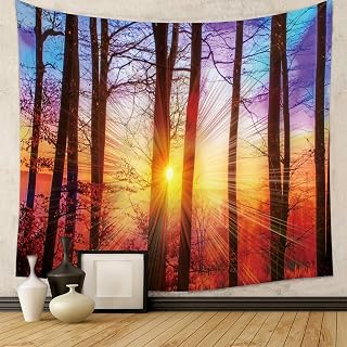 Forest Landscape Sunrise Wall Hanging Tapestry, Nature-Inspired Decoration for Bedroom, Meditation Room, Scenic Forest Wall Art
