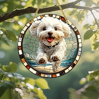Colorful Acrylic Suncatcher Dog Tinted Glass 7 Inch Wall Hanging Decor with Stained Glass Style Printed Pattern Gift Idea and Garden Decor for Indoor and