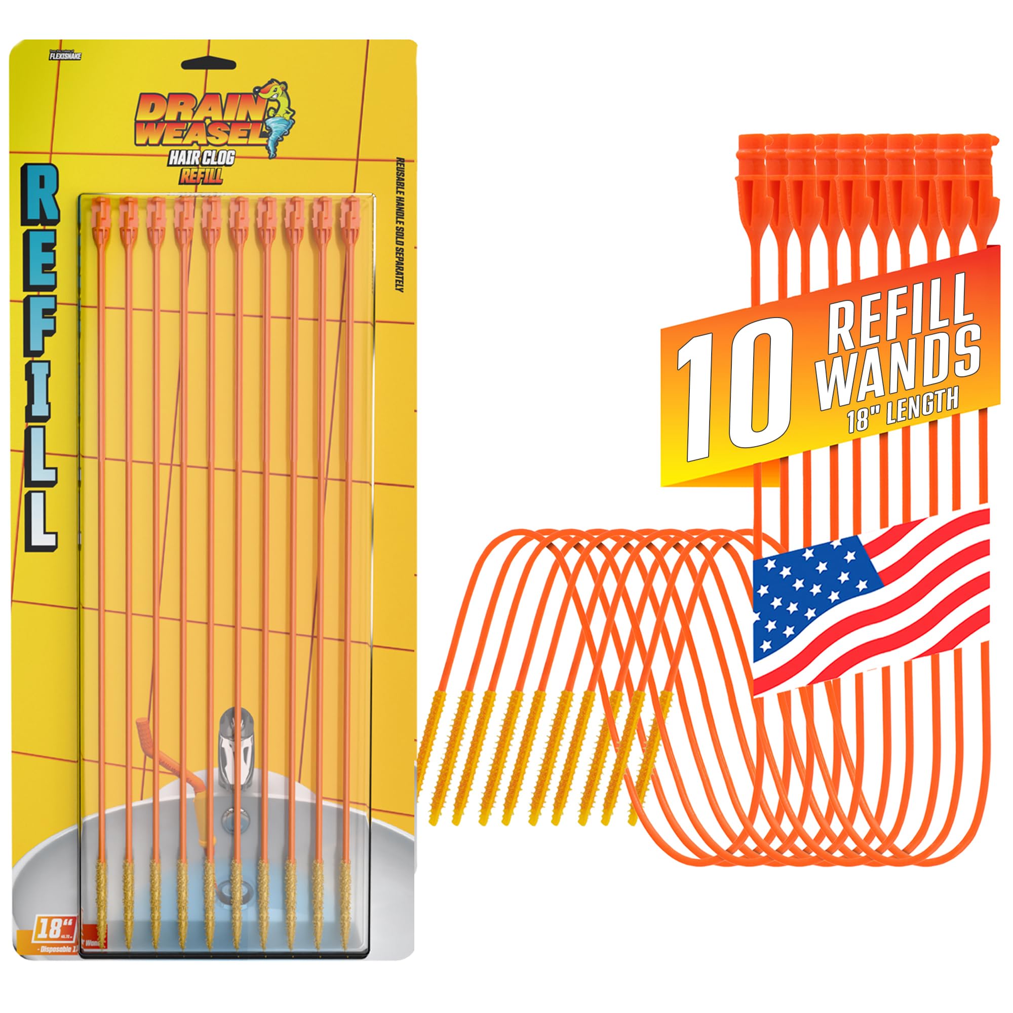 FlexiSnake Drain Weasel Refill for Sink Snake Hair Clog Remover, 10 Pack | Pipe,