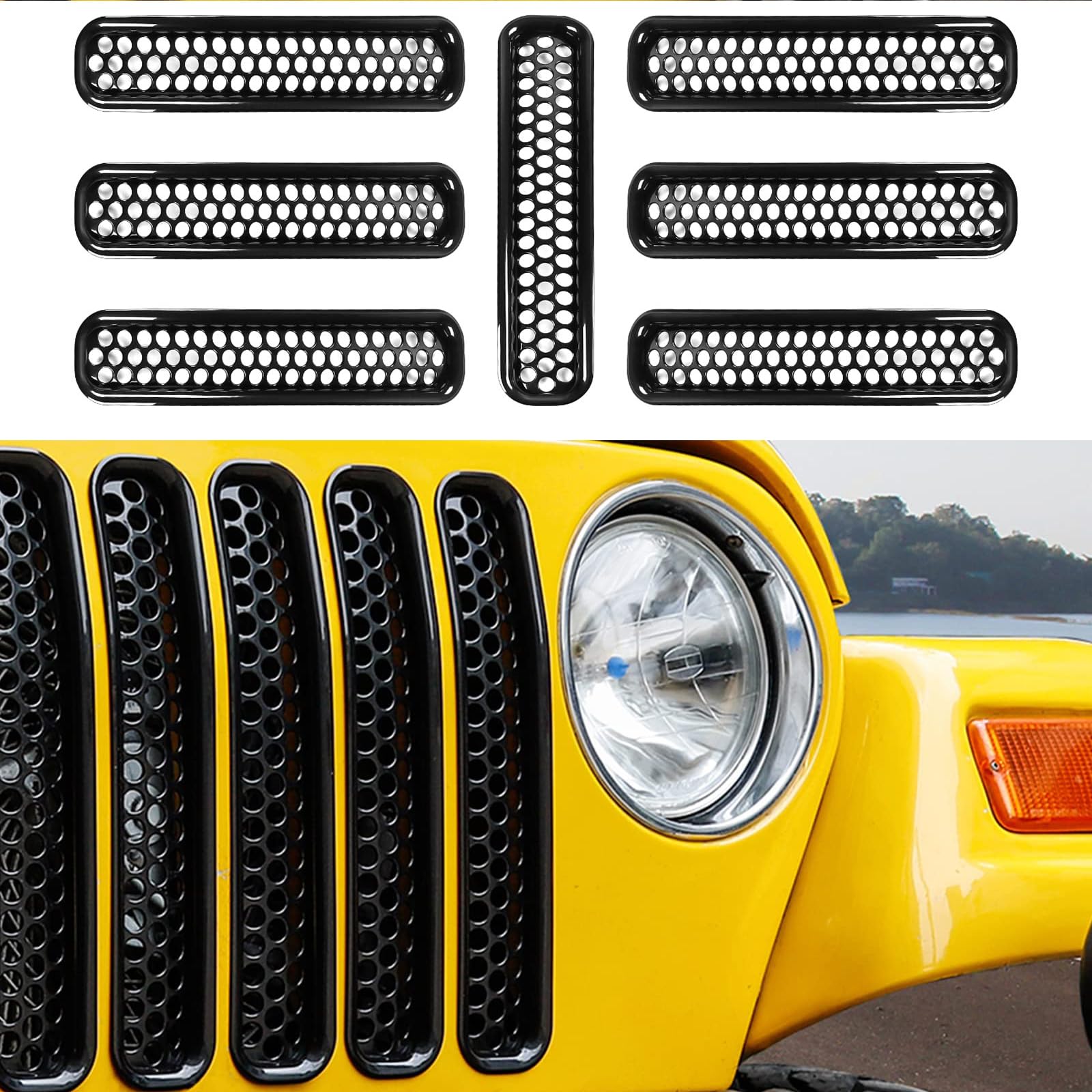 Unifizz 7-Piece Black Mesh Front Grille Insert Kit – Honeycomb Grill Guard for J