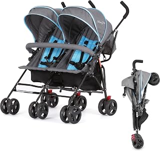 Dream On Me Volgo Side-by-Side Twin Umbrella Toddler Stroller, Blue | 5 Point Safety Harness, Smooth Swivel Wheels, Lightweight, Adjustable Double Canopy, Storage Basket, 40 Lb Limit