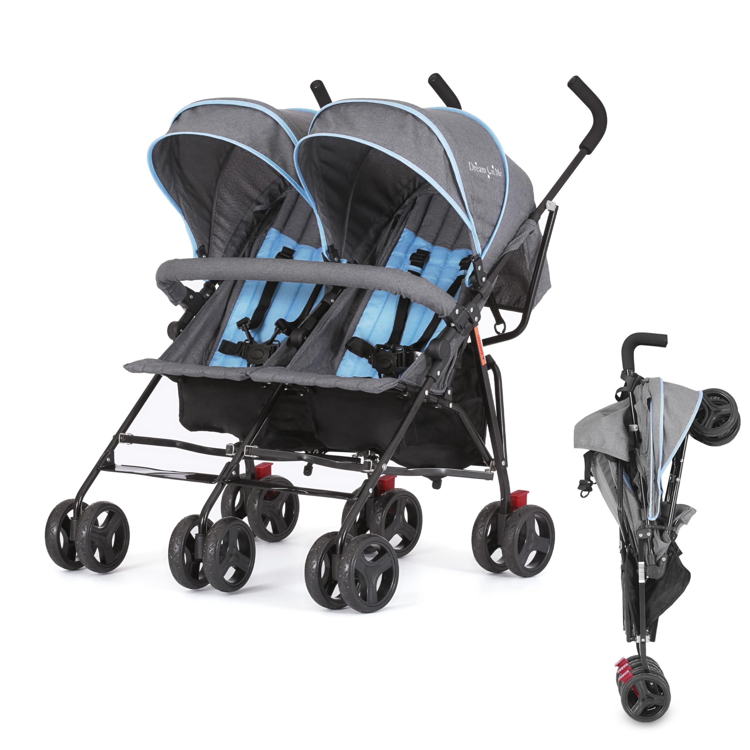 Dream On Me Volgo Side-by-Side Twin Umbrella Toddler Stroller, Blue | 5 Point Sa
