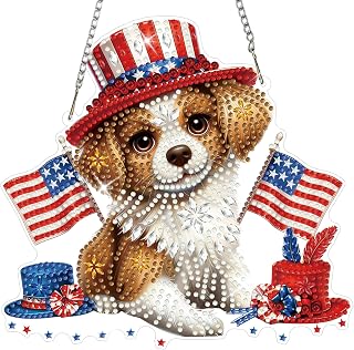 HEIBAGO 4th of July Patriotic Dog Diamond Art Hanging Kits for Adults, USA Flag Diamond Painting Window Pendant Kits, DIY 5D Special Shape Gem Art Suncatchers for Home Garden Door Wall Decor 8.3x8.3In