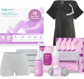 Frida Mom Labour, Delivery & Postpartum Kit, 15 Piece Set | Pre-Packed Birth Bag, Socks, Peri Bottle, Nursing Gown, Disposable Underwear, Ice Maxi Pads, Pad Liners, Perineal Foam