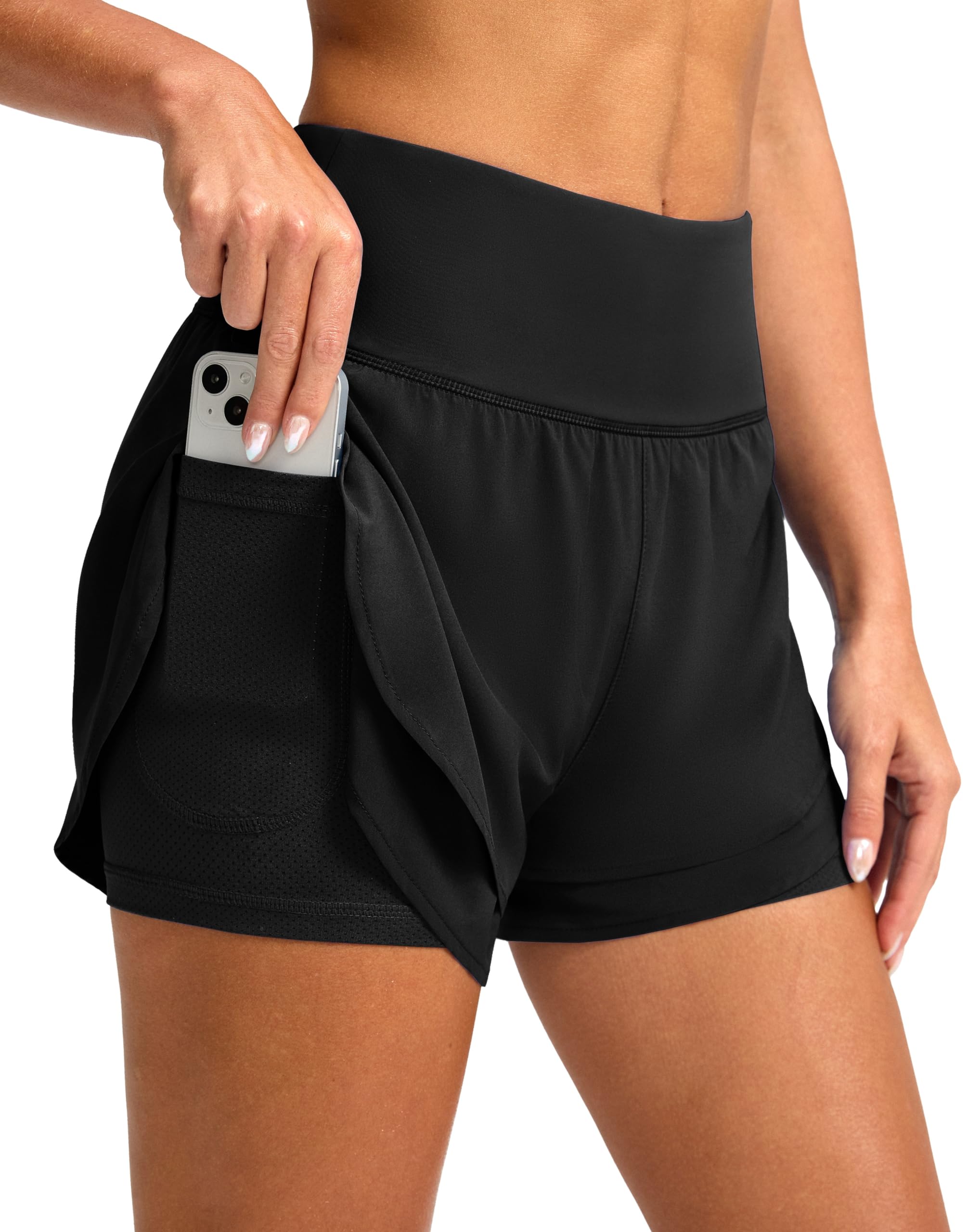 SANTINY 2 in 1 Running Shorts for Women with 3" High Waist Pockets Workout Athle