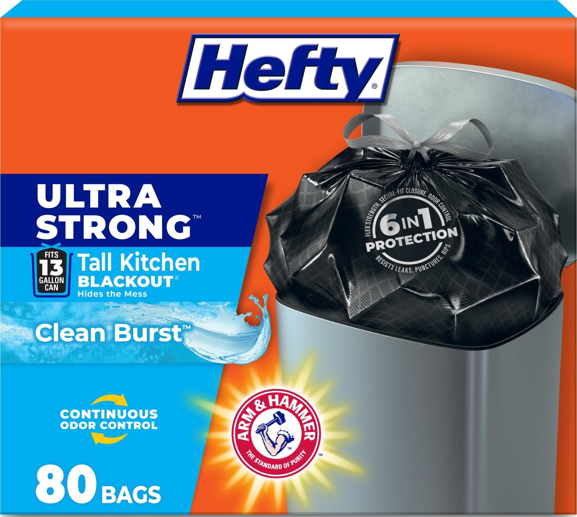 Hefty Ultra Strong 13 Gal Kitchen Trash Bags, Black, Clean Burst, 80ct | 13G Tal