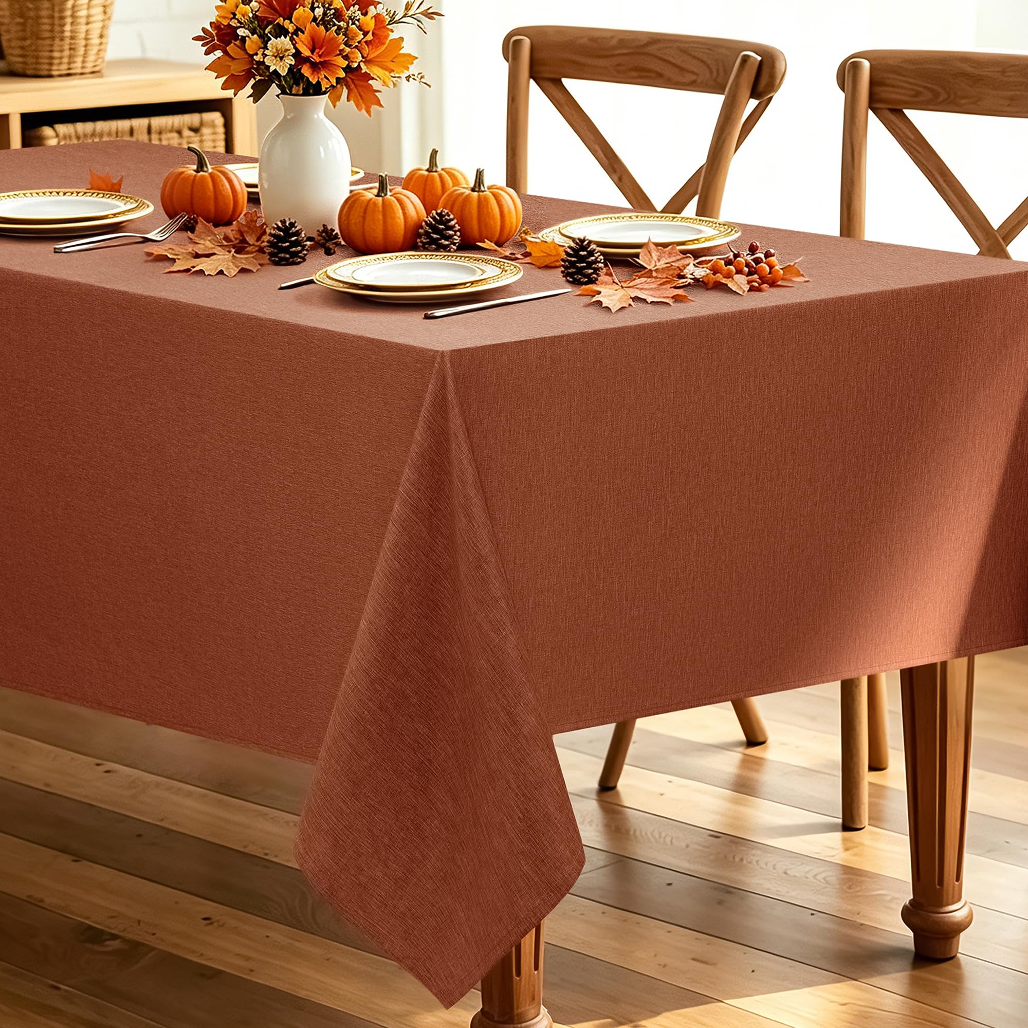 Decorelia Linen Textured Fall Tablecloth Rectangular Burnt Orange, 52"x70" | Wat
