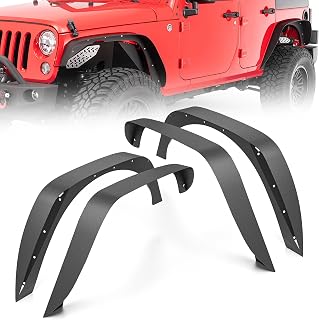 YZONA for JK 4-Piece Flat Style Front and Rear Fender Flares Kit Compatible with 2007-2018 Jeep Wrangler JK JKU Unlimited (2/4 Doors) Off-Road Heavy Duty Steel Wheel Fenders Combo, Textured Black
