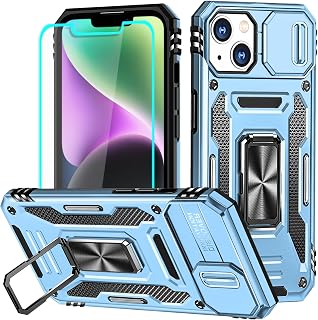 for iPhone 14 Plus Case with Screen Protector and with Camera Cover, 360°Military Grade Rotatable Kickstand (Heavy Duty) Shockproof Protective, Case for iPhone 14 Plus Light Blue