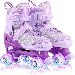 Vleox Kids Roller Skates for Girls Boys 4 Size Adjustable 8 Light Up Wheels Quad Skates for Ages 3-12 Toddler Beginners Indoor and Outdoor