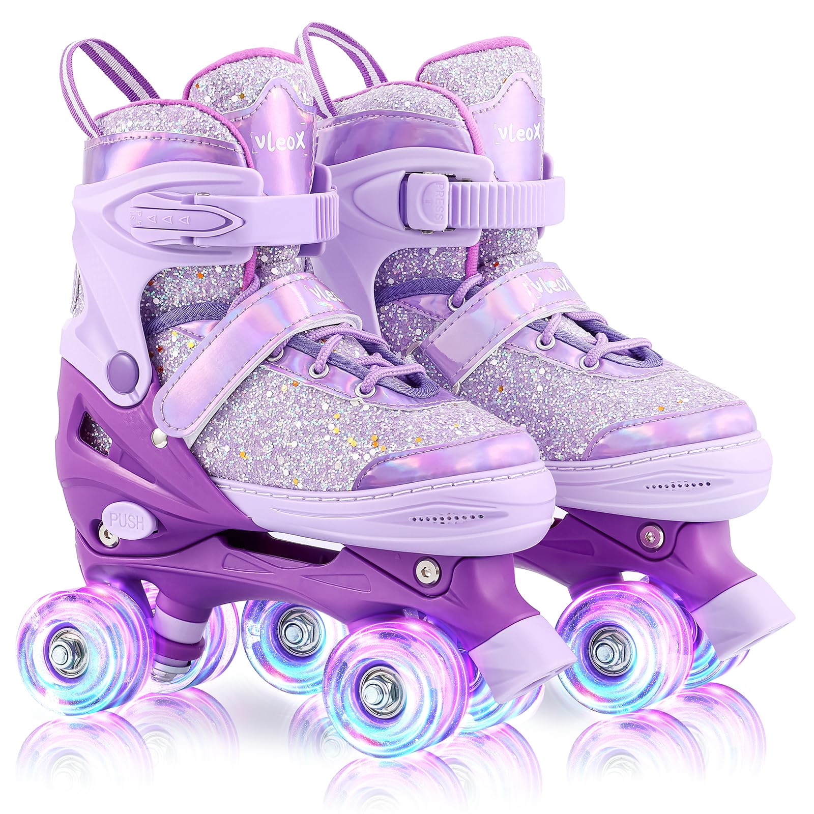 Vleox Kids Roller Skates for Girls Boys 4 Size Adjustable 8 Light Up Wheels Quad